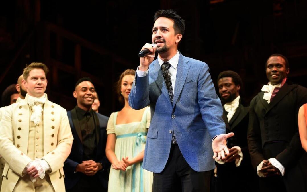 Lin-Manuel Miranda, creator of “Hamilton: An American Musical,” addresses the audience during the curtain call on the opening night of the Los Angeles run of the show at the Pantages Theatre on Wednesday, Aug. 16, 2017, in Los Angeles.
