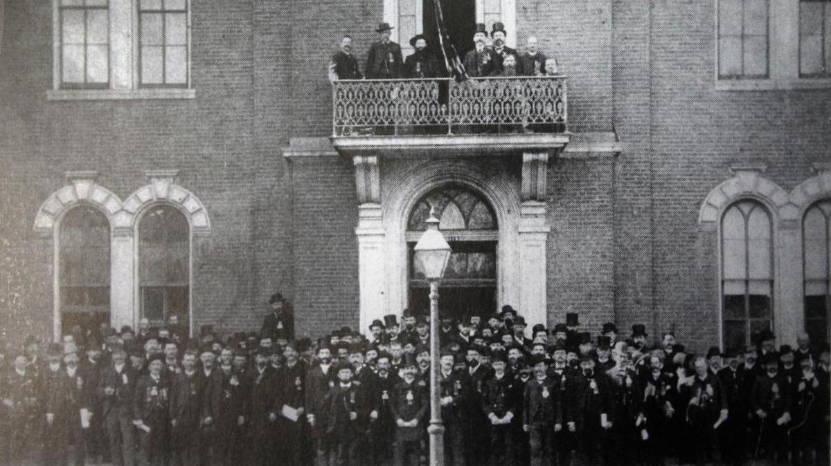 Photo taken at Belleville Liederkranz Hall, 119 N. Illinois St. in 1888. The Liederkranz was the largest singing society in Belleville. The photo shows festival-goers who attended the North American Saengerbund Festival in St. Louis.