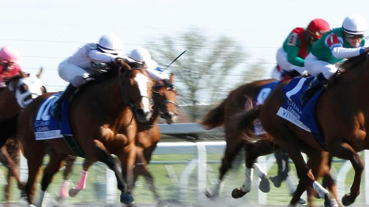 
Winning Cause with, Julien Leparoux up, second from right, wins the Coolmore Lexington Stakes on Saturday, April 20, 2013, at Keeneland Race Course in Lexington, Kentucky.
