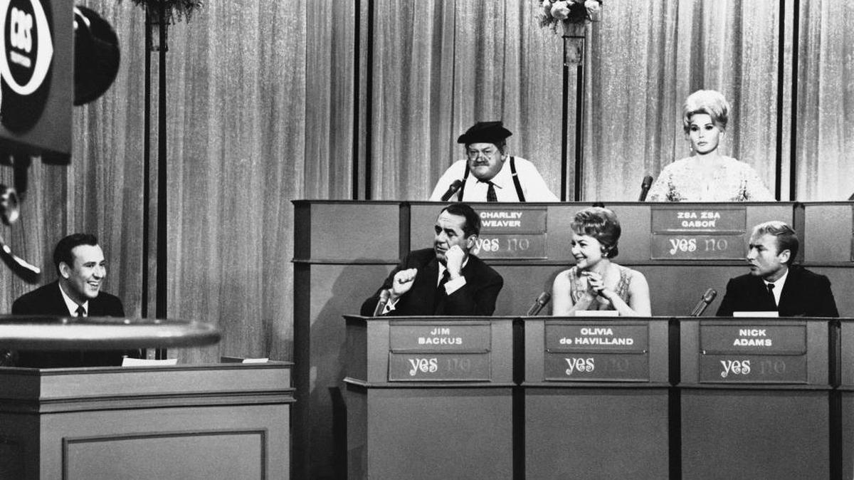 Nick Adams, seen in the bottom right of this 1965 picture from “The Celebrity Game,” starred in “Mission Mars” and “Hell is for Heroes.” The other people in the photo include host Carl Reiner, Jim Backus and Olivia De Havilland in the front and Charley Weaver and Zsa Zsa Gabor in the back.
