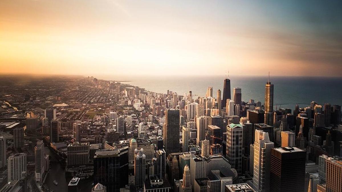 An aerial view of Chicago, Illinois, nicknamed the “Windy City.”
