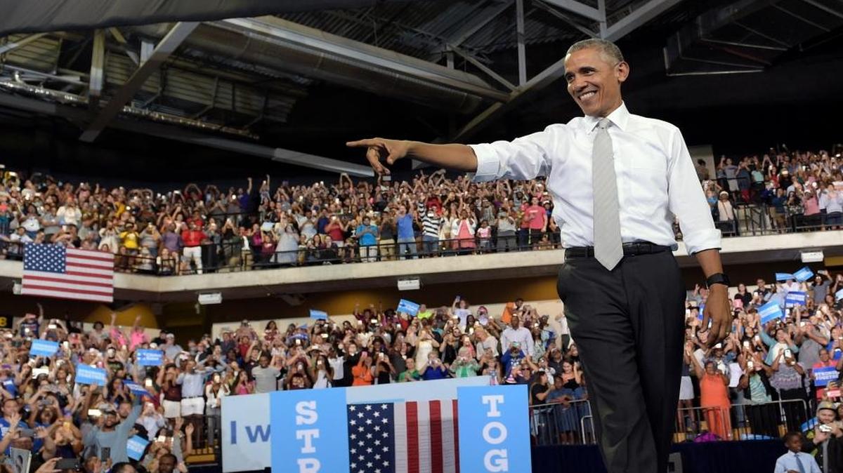 President Barack Obama arrives to speak during a campaign event for Democratic presidential candidate Hillary Clinton at the CFE Federal Credit Union Arena in Orlando, Fla.