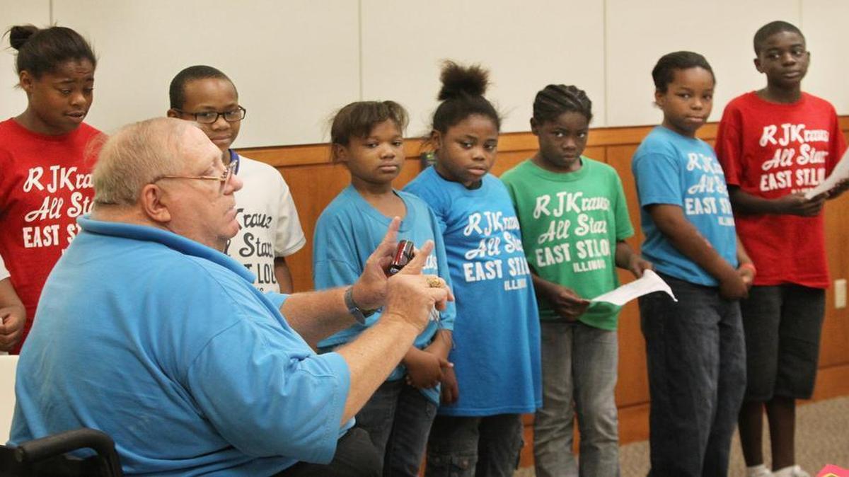 
Richard "R.J." Krause talked about the R.J. Krause All-Stars Sports Club of East St. Louis before several of its members recited their pledge during the East St. Louis Sequicentennial celebration in July 2011.
