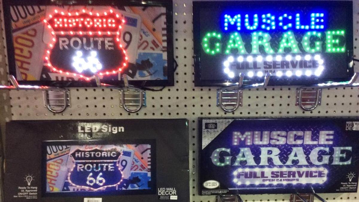 LED light signs from Old Time Pottery are perfect for the garage, above the workbench or behind a bar.