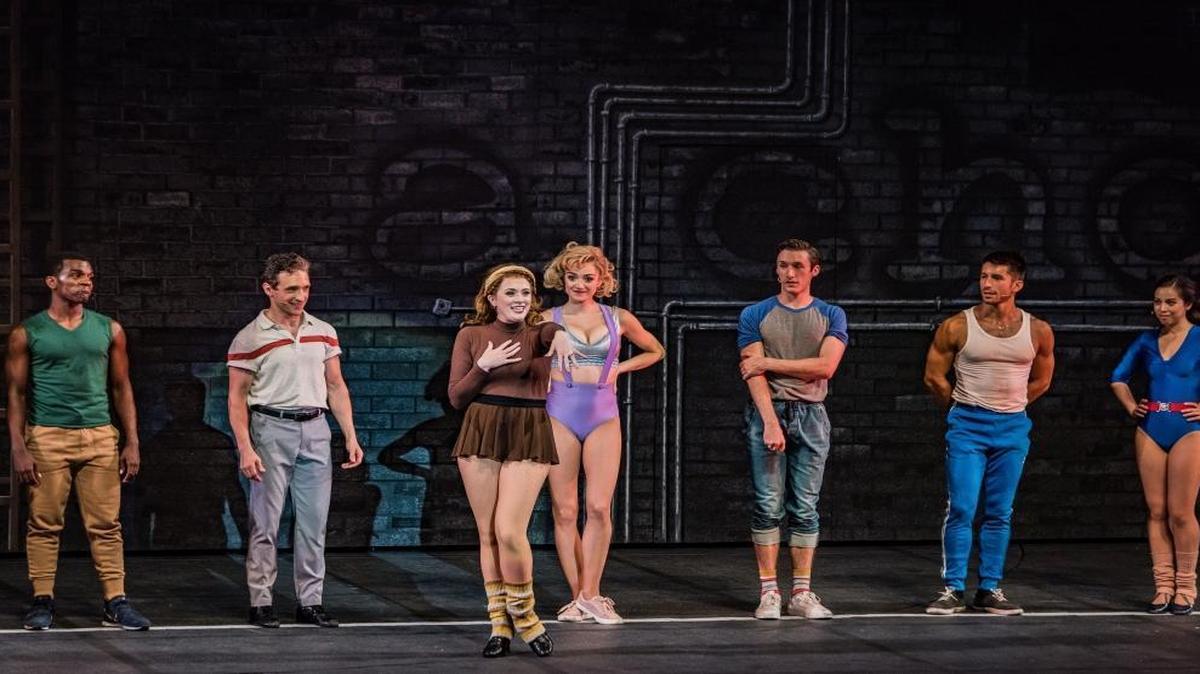 Madison Johnson, center, rehearses with the cast of “A Chorus Line.”