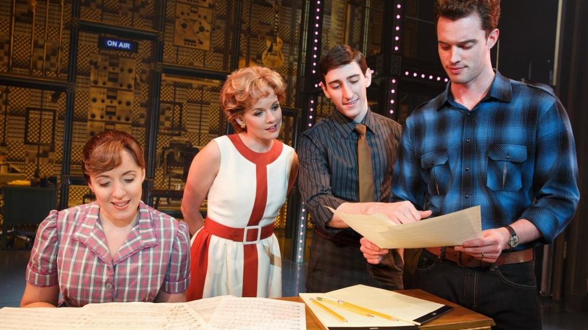 The songwriting teams of Gerry Goffin and Carole King and Barry Mann and Cynthia Weil defined pop music in the ’60s. From left: Abby Mueller as King, Becky Gulsvig as Weil, Ben Fankhauser as Mann and Liam Tobin as Goffin.