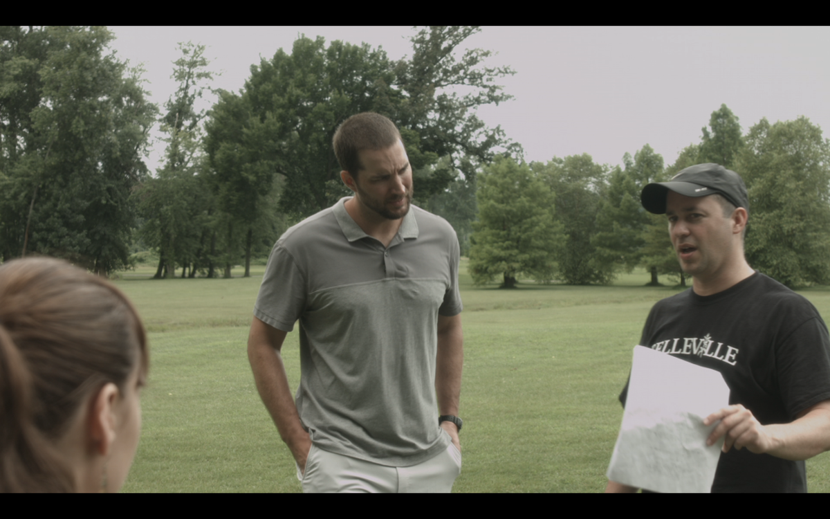Writer-director Dan Steadman, left, speaks to actors in the movie “Proximity” as Adam Wainwright listens in 2016. The St. Louis Cardinals pitcher was trying his hand at acting for the first time.