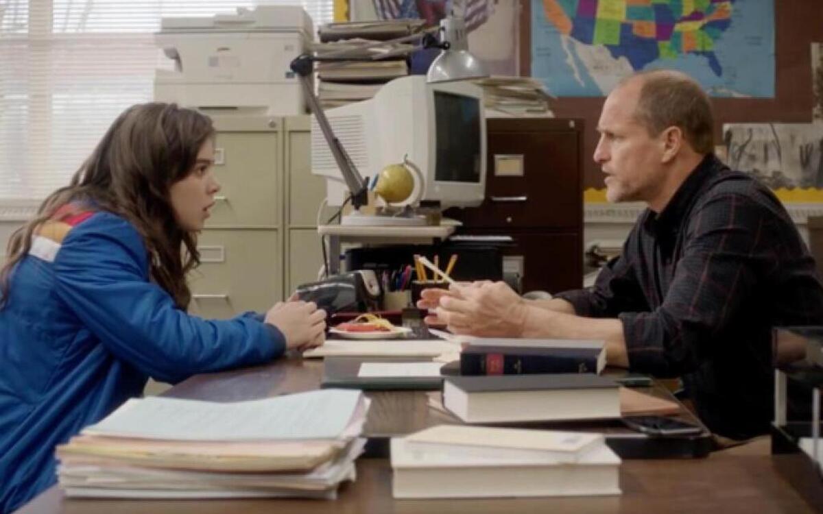Hailee Steinfeld confides in one of her high school teachers, Woody Harrelson, in “The Edge of Seventeen.”