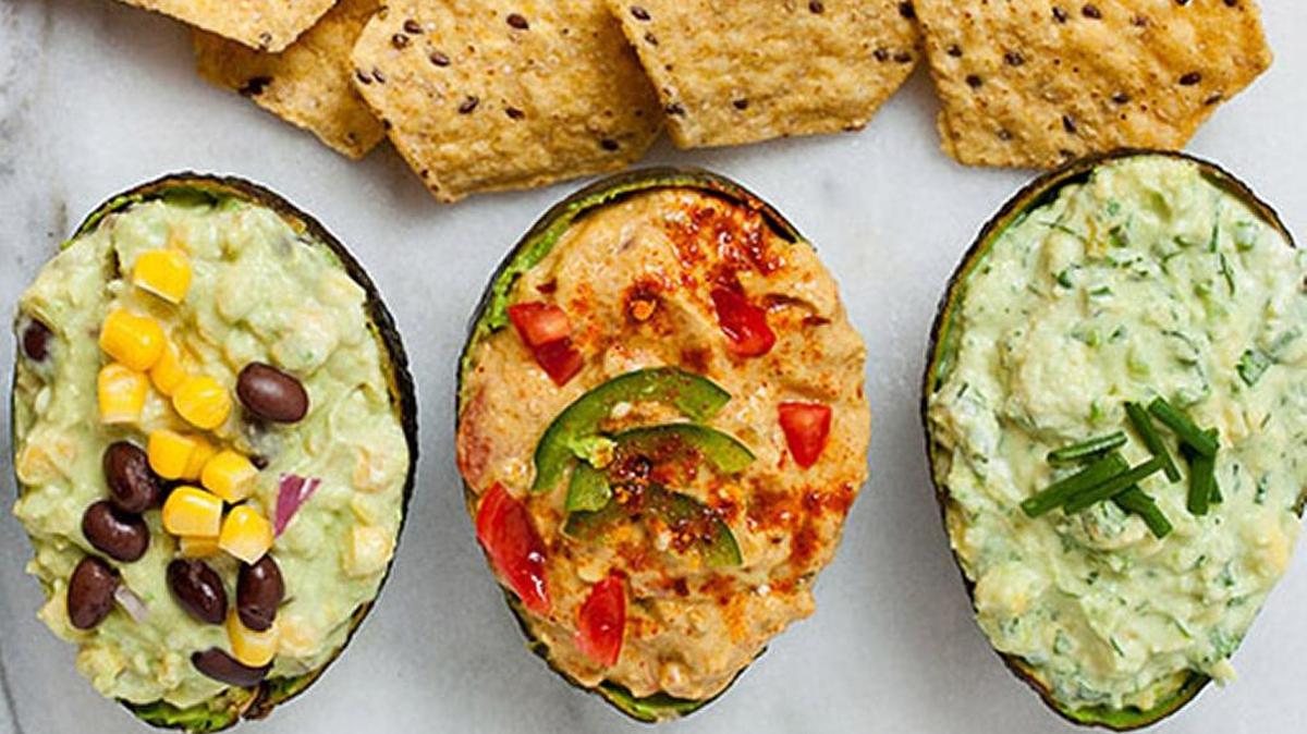 From left, Black Bean, Taco and Herbed Avocado Dips.