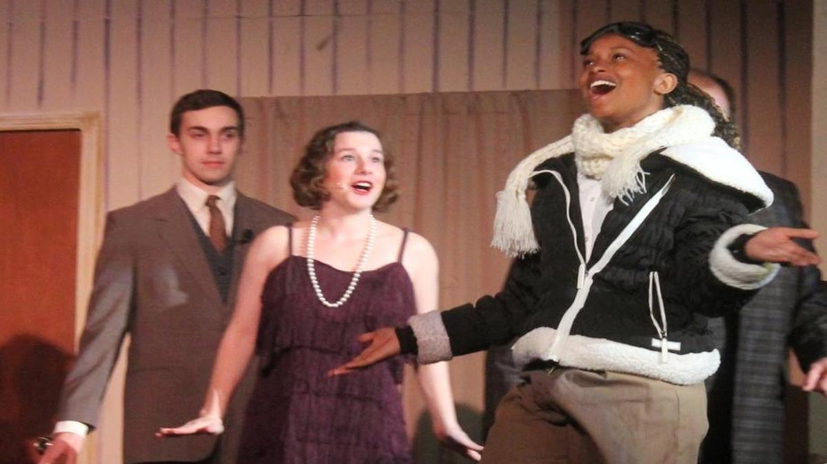 Ben Sonnenberg, as George, left, Lauren Pfeiffer, as Kitty, and Diamond Owens as Trix, the aviatrix, in a scene from “The Drowsy Chaperone” onstage at Lindenwood University-Belleville 7:30 p.m. Friday and Saturday and Sunday afternoon at 2. Diamond is a Lindenwood student. Lauren, of St. Louis, is also choreographer.