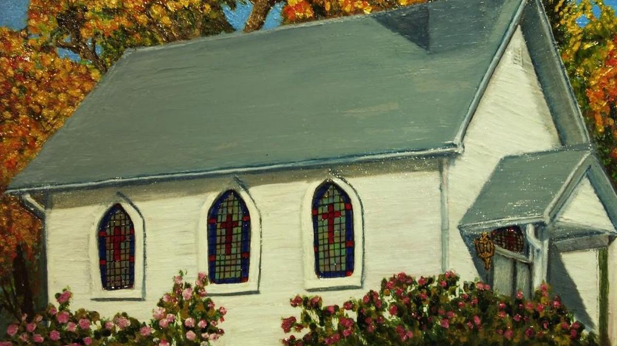The painting, “Shiloh Christian Church in Glen Carbon” by Alicia Halpin may be viewed and purchased at the Edwardsville Arts Center Holiday Exhibit.