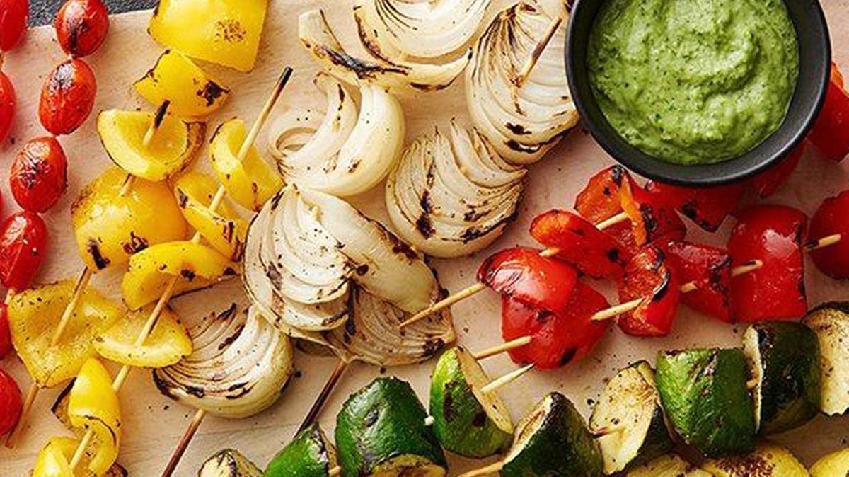 Grilled Vegetable Kabobs with Pesto Aioli