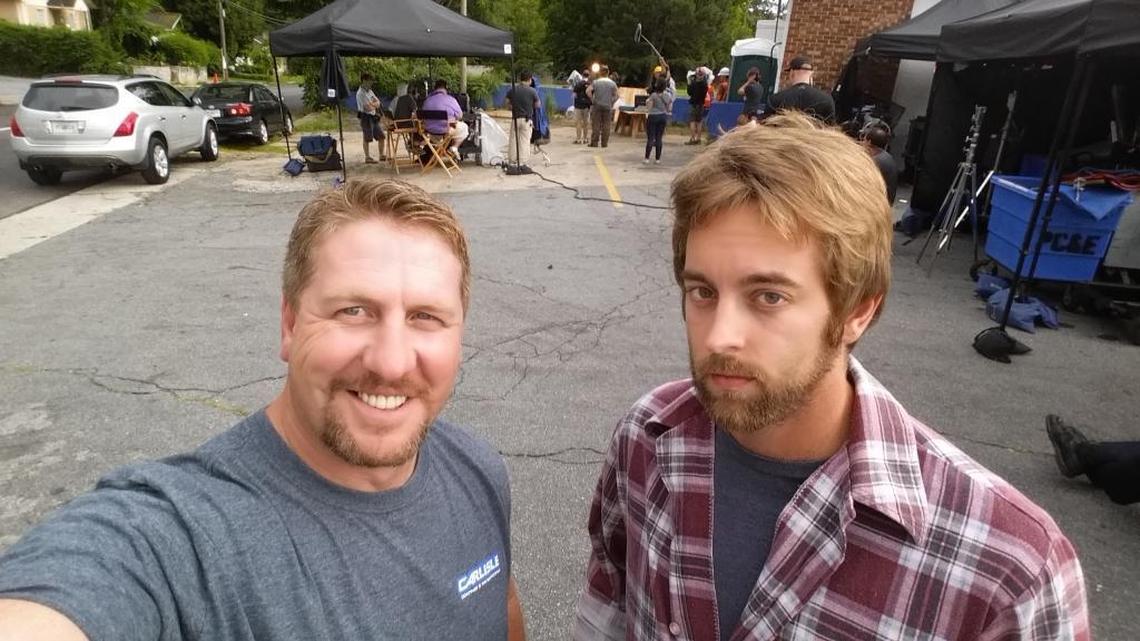 
Shiloh resident Dean Schardan, left, snaps a selfie with actor Rob Wight on the Atlanta set of the TV show “Swamp Murders.” Schardan plays a private investigator in an episode that will run Wednesday on the Investigation Discovery channel.
