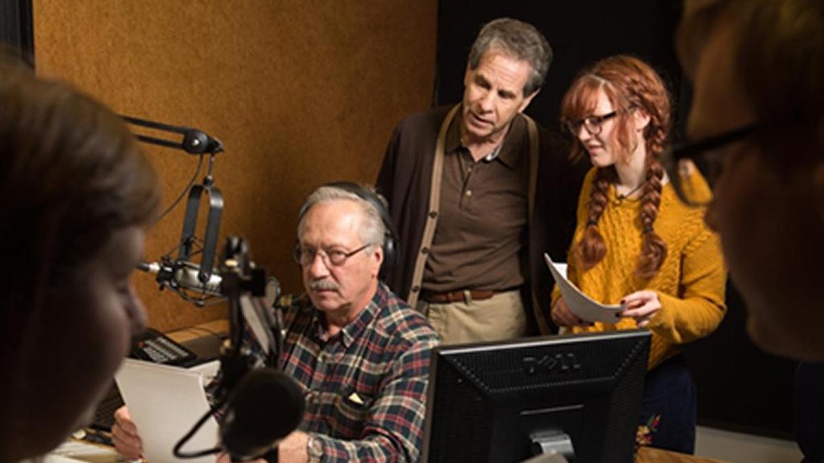 Producing the radio soap opera drama in the studios of WSIE is the SIUE Theater of the Mind Production Company, which includes WSIE Director Steve Jankowski (seated), Department of Theater and Dance Professor Peter Cocuzza (back left) and freshman Clara Parker (back right).