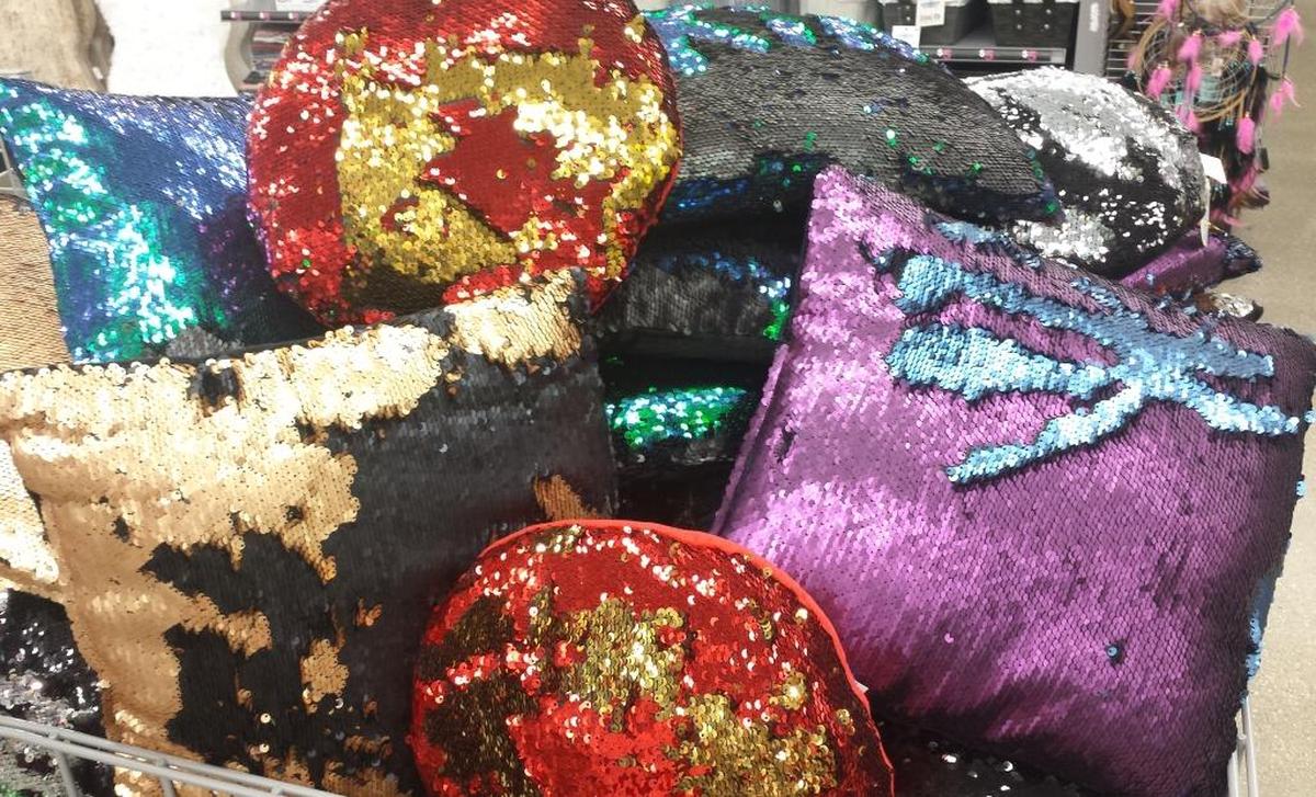 Glam up the dorm room with sequined pillows from Five Below in Fairview Heights.
