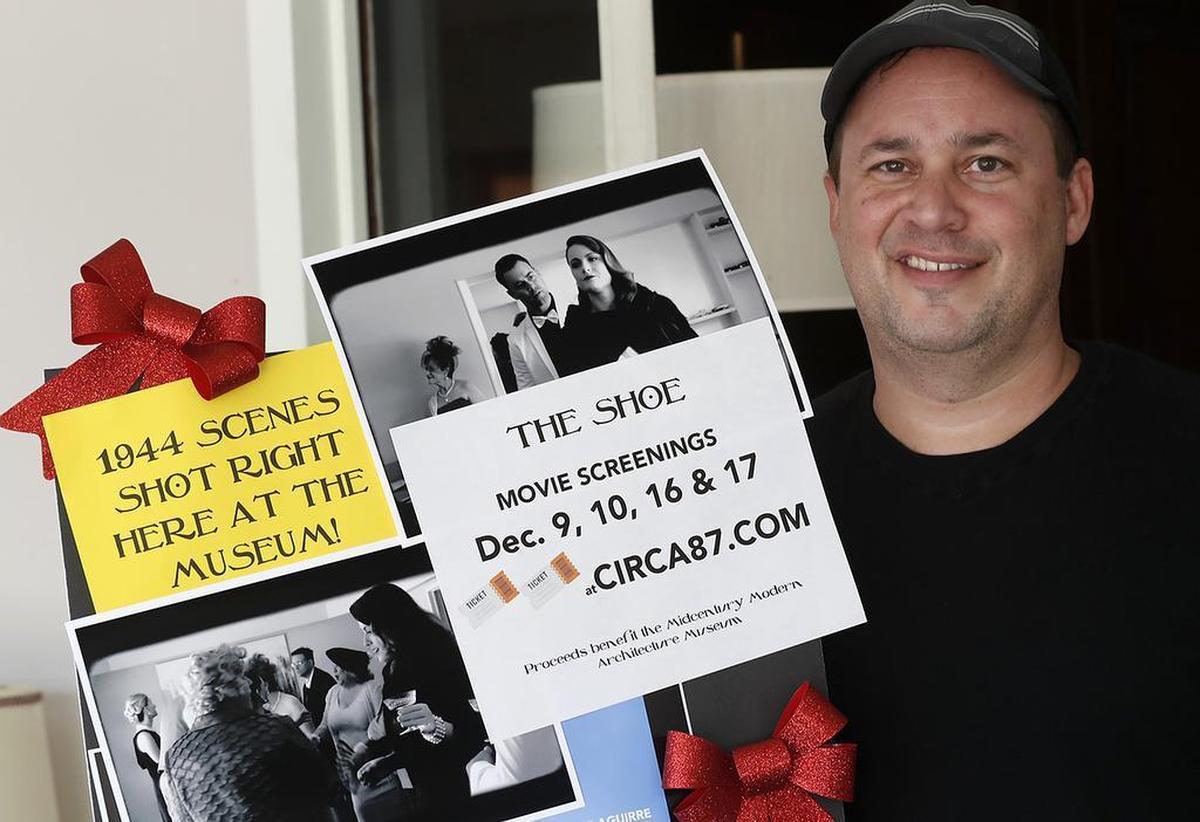 Director and writer Dan Steadman with promotional materials for his independent film, “The Shoe,” which will be shown 16 times at the Midcentury Modern Architecture Museum in Belleville this month.