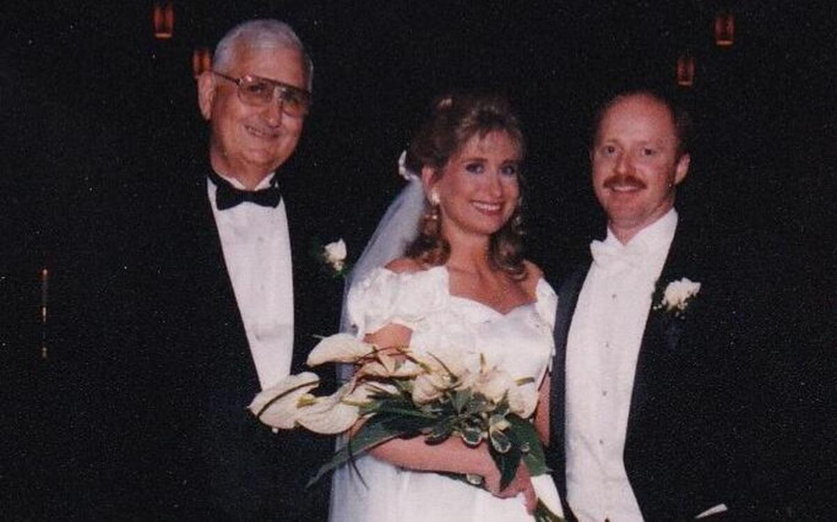 After Big John Meehan, left, walked his daughter Michelle down the aisle, he told her future husband, Mark, right, “Good Luck!” and he meant it.
