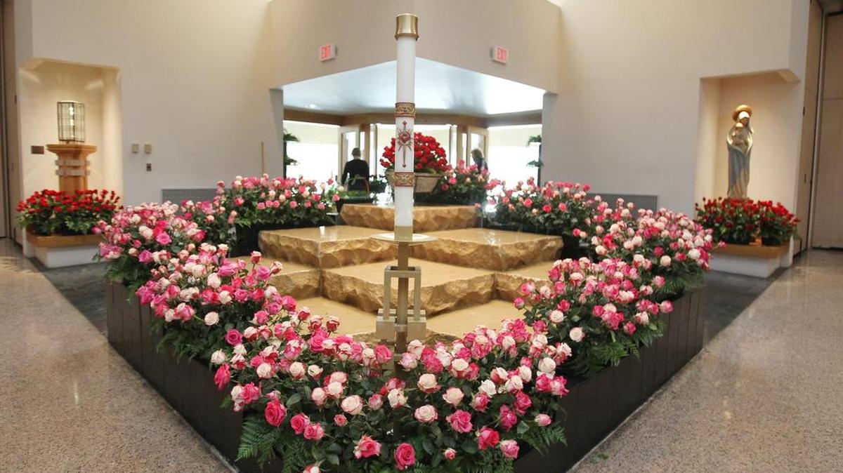 Roses inside the Church of Our Lady of the Snows.