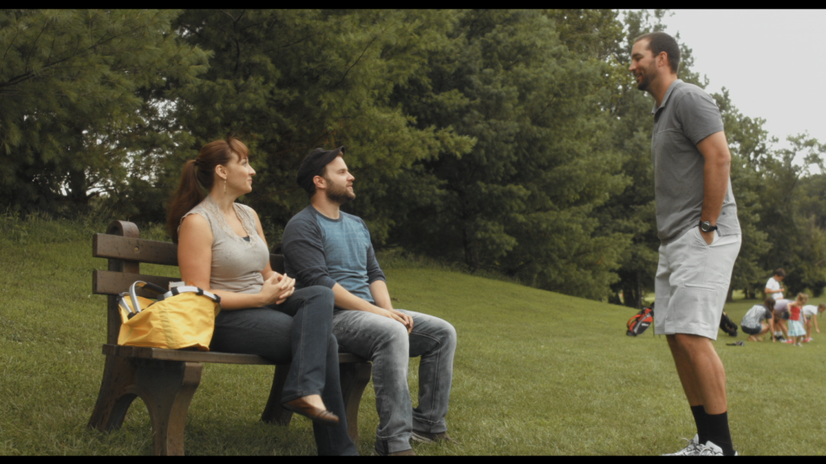 Actors Jackie Manker, left, Cody Heuer, and Adam Wainwright film a scene for the movie “Proximity.” Adam is a St. Louis Cardinals pitcher who tried acting for the first time last summer.