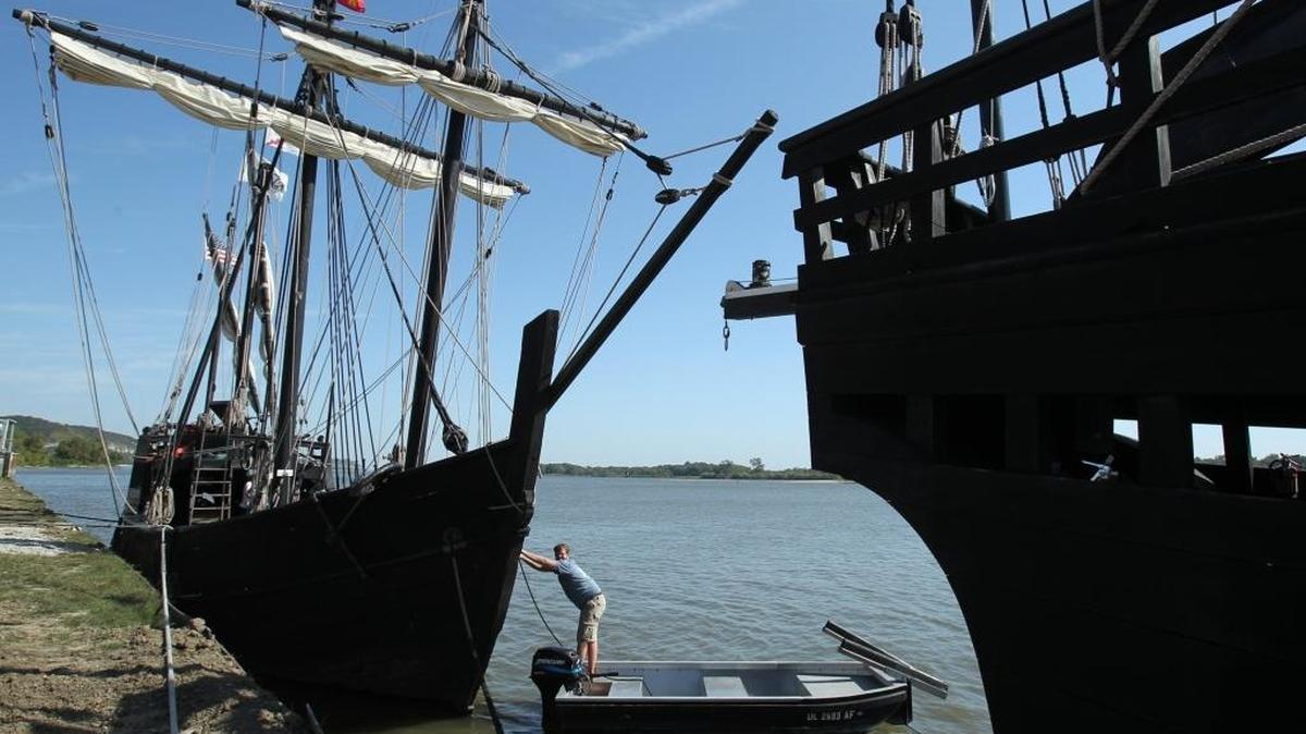 Reproductions of Columbus’ ships the Nina, left, and Pinta will be back on the Grafton riverfront this weekend.