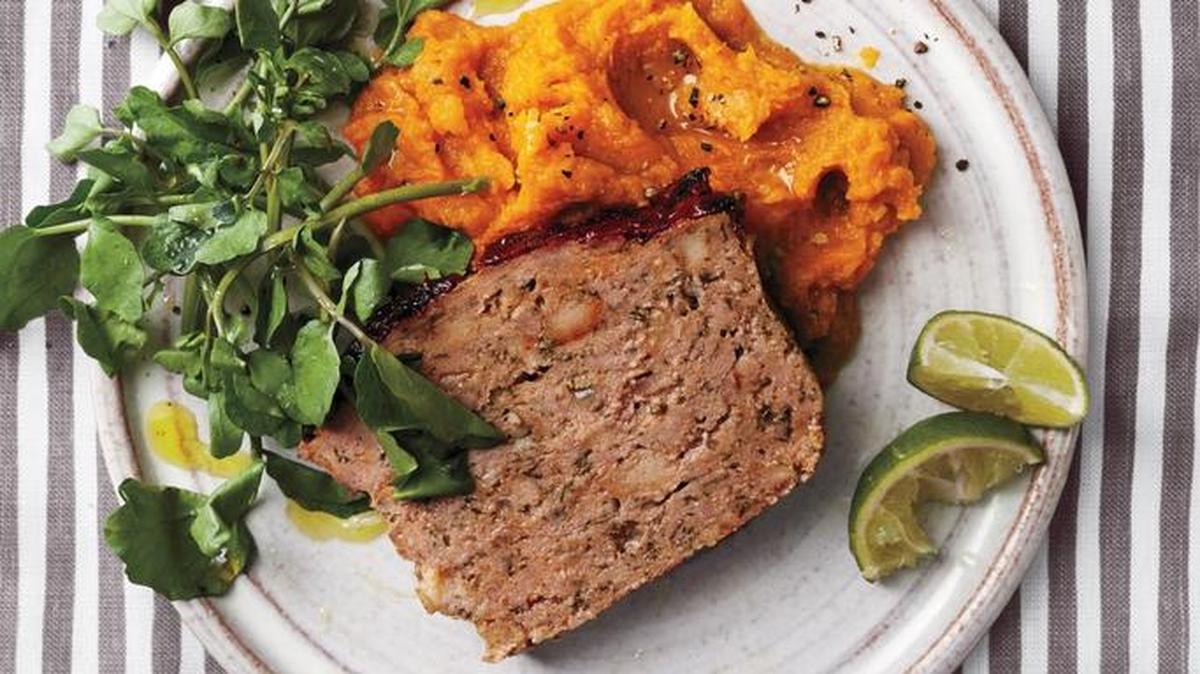 Chipotle-Glazed Meatloaf With Sweet Potatoes, a filling meal for the family or a bunch of friends.