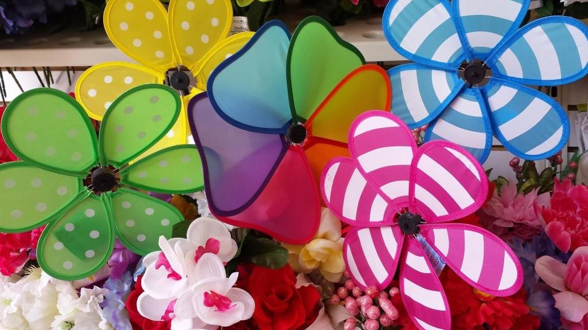 Decorate your back yard for the big Easter egg hunt with tall whirly-gigs from Dollar Tree.