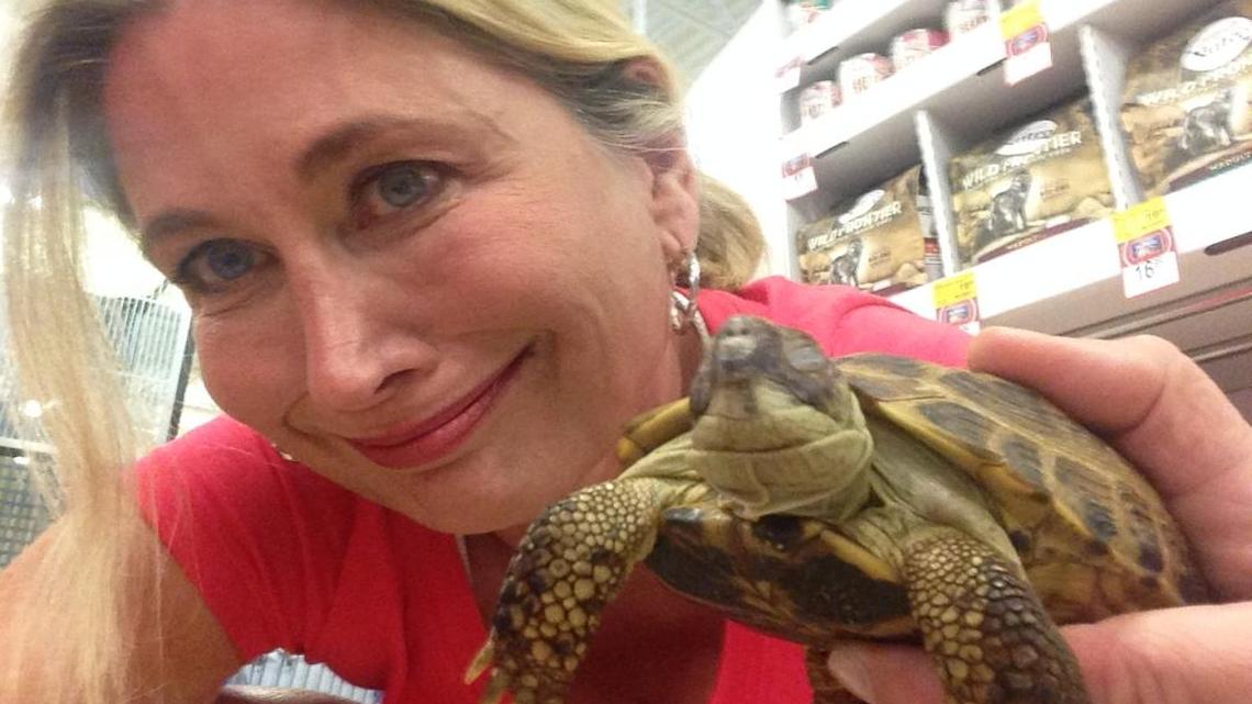 Michelle Meehan Schrader with a turtle like the one she tried to rescue.