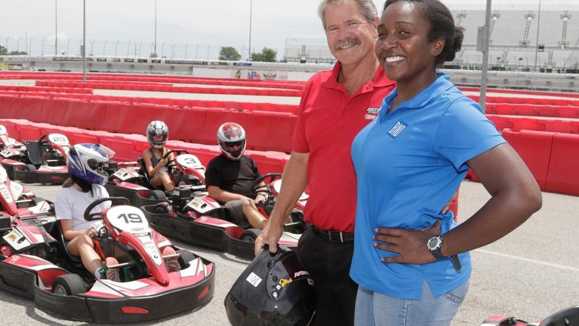 Gateway Kartplex manager Keith Scharf got Jennifer “Jaye” Hodges ready for her race around the track at Gateway Motorsports Park in Madison.