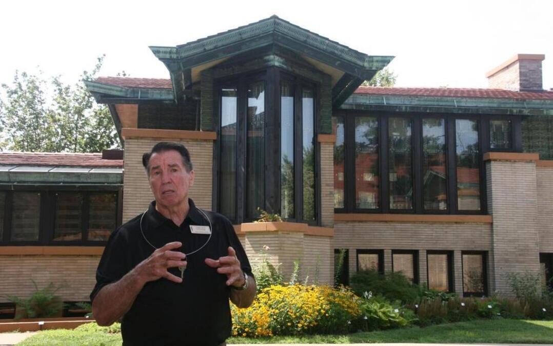 
Larry Betz, of Belleville, gives tours of the Dana-Thomas House in Springfield. Completed in 1904, it's one of Frank Lloyd Wright's early Prairie-style homes. Cost to build? $60,000. It has 12,600 square feet of living space. The 4,000-square-foot carriage house is now used as the visitors center.
