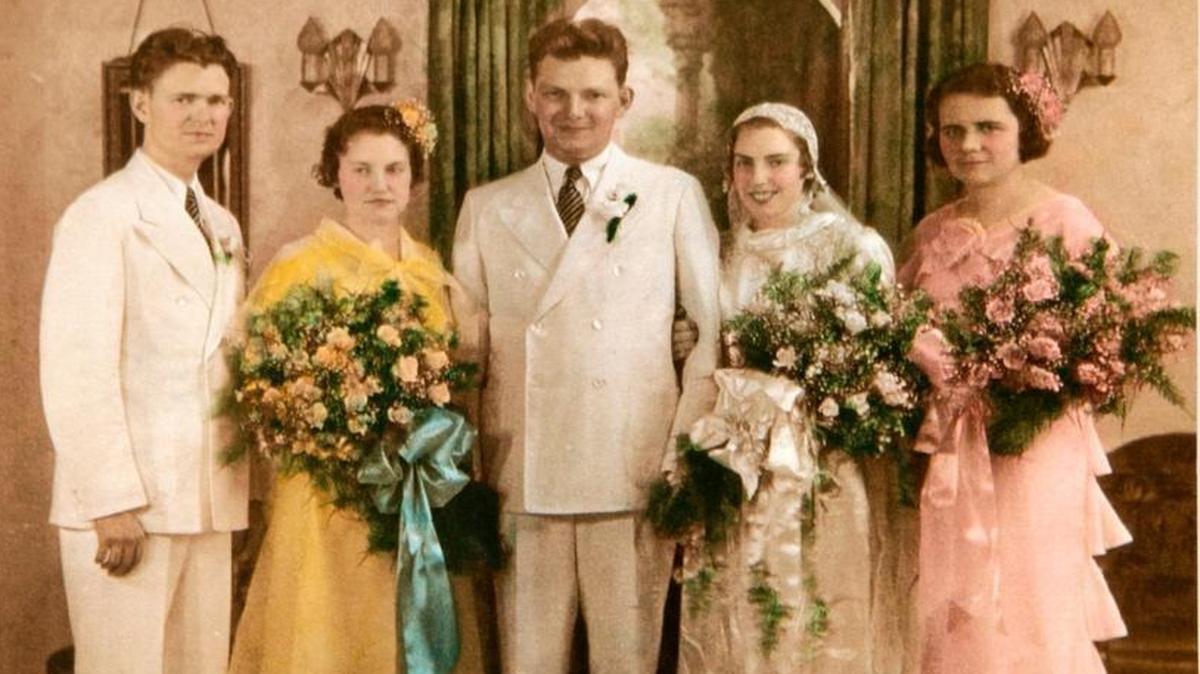 Otto Wegener married Ethel Schiermeyer in 1934. Her wedding dress, along with this hand-colored photo, will be on display Saturday at the Labor and Industry Museum in Belleville as part of an exhibit on wedding attire from the 1860s to the 1960s.