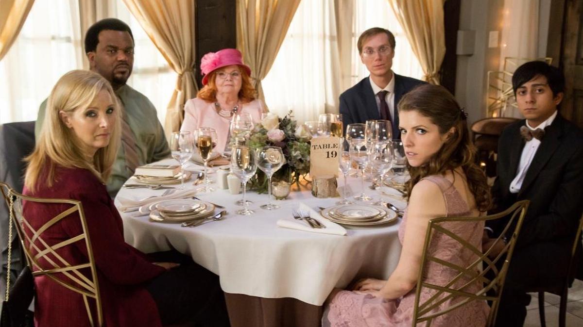 This image released by Fox Searchlight Pictures shows, from left, Lisa Kudrow, Craig Robinson, June Squibb, Stephen Merchant, Anna Kendrick and Tony Revolori in a scene from the film, “Table 19.”