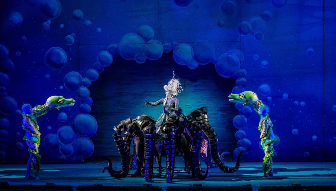 Emily Skinner as Ursula, with Kevin Zak and Will Porter as Flotsam and Jetsam.