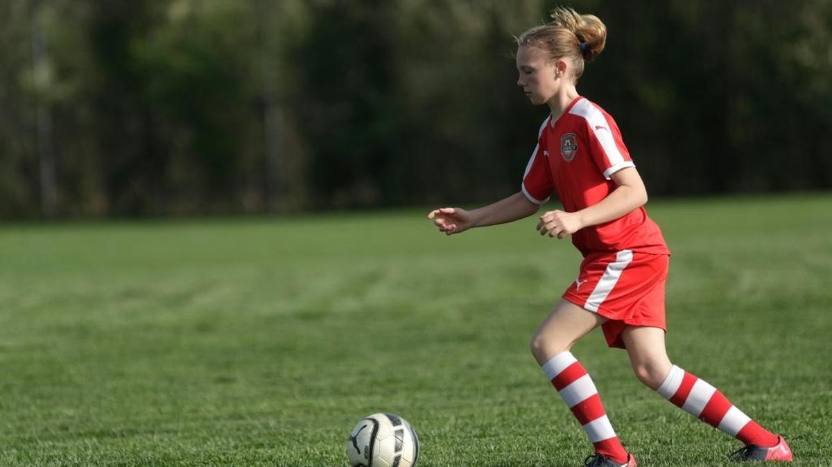 Erin McVey practices at Belle-Clair Soccer park in Belleville.