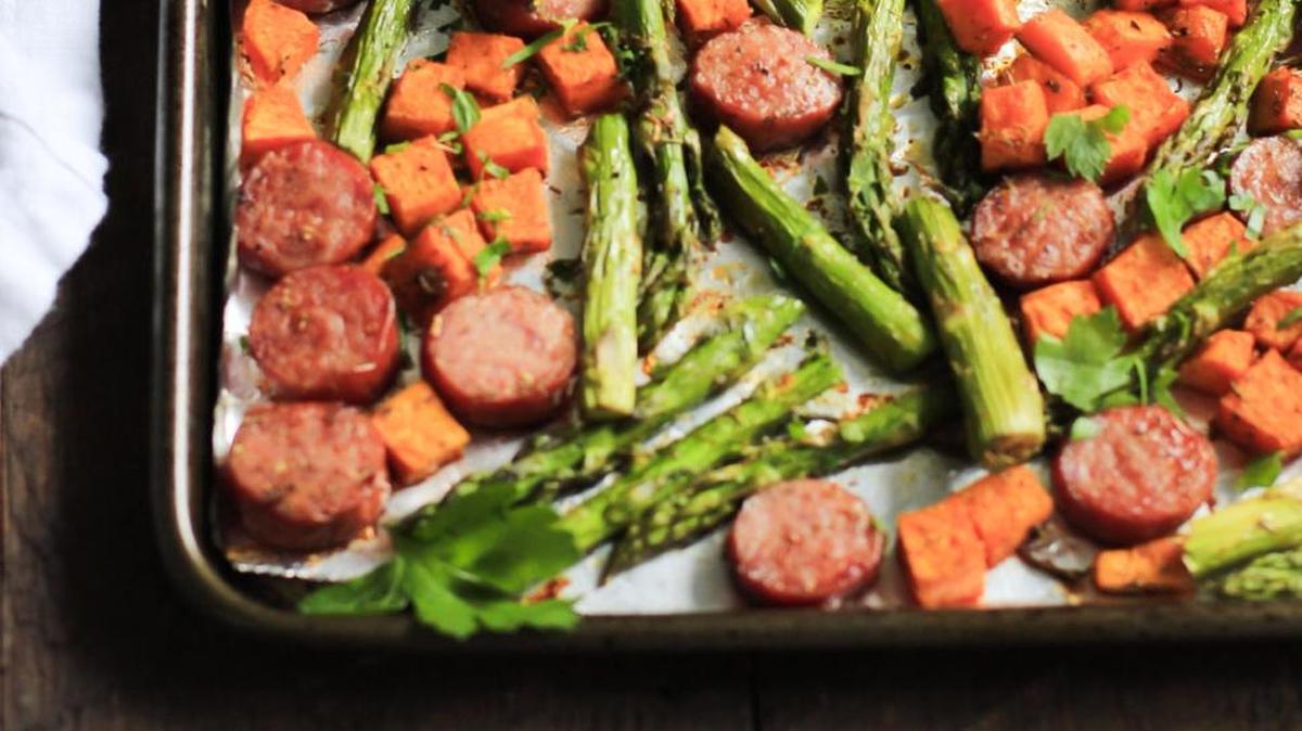 One-Pan Sausage with Sweet Potato and Asparagus