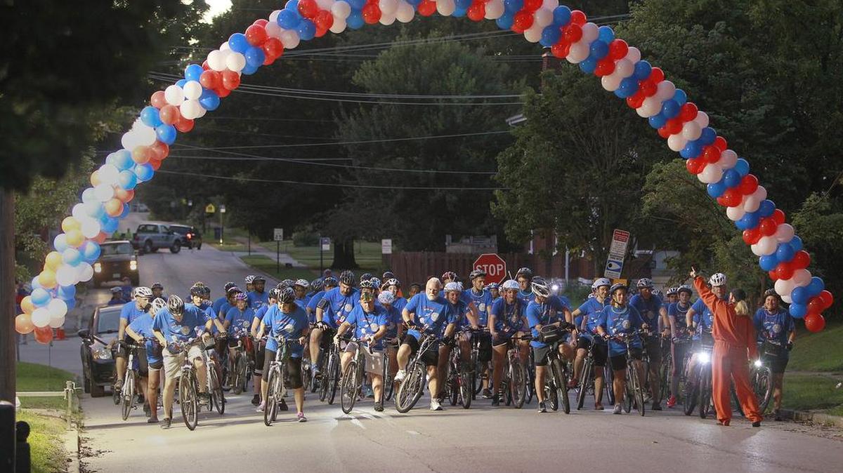 Bike riders are “launched” during the start of the 11th annual Tour de Belleville bicycle ride in 2016. About 2,000 people signed up for the ride. Participants could either choose a five-mile route or a 15-mile route through the city. The theme for 2016 was “Fly Me To The Moon,” and some of the riders wore alien outfits or space gear.