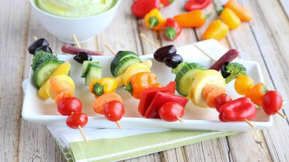 Rainbow Veggie Kebobs make use of all colors of raw vegetables.
