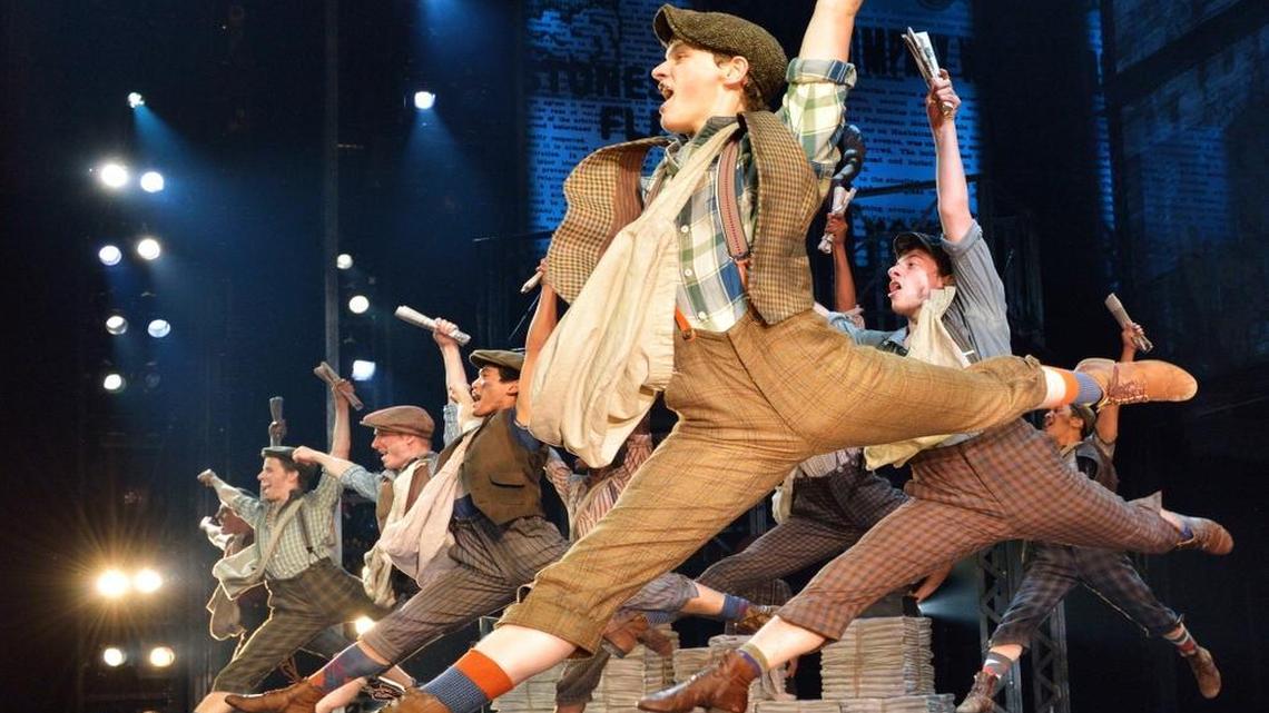The newsboys take a giant leap of faith in the touring production of “Newsies,” at the Fox Theatre through Jan. 31.