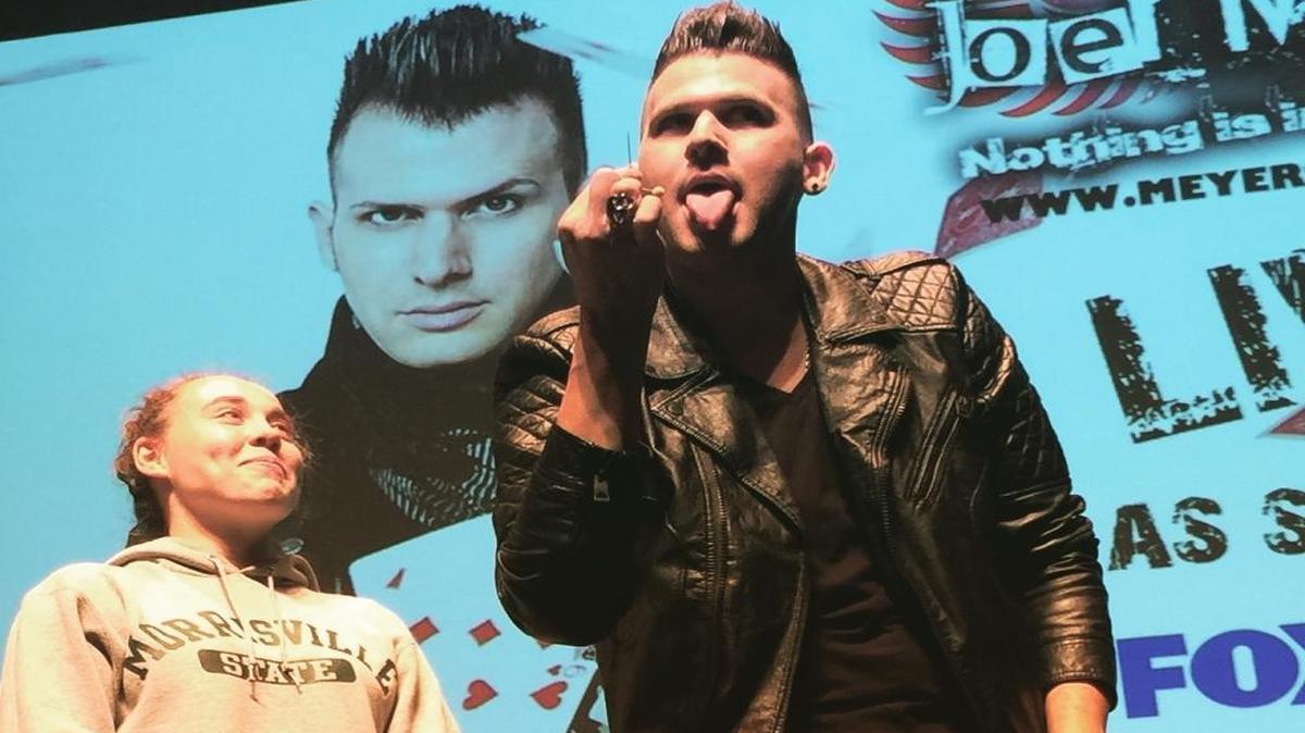Joel Meyer calls himself an “interactive illusionist” because all of his bits include help from audience members, who inspect his props and otherwise try to keep him honest.