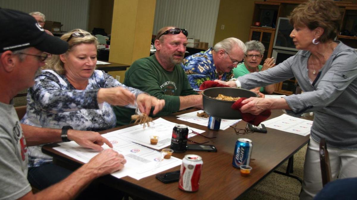 
Susan Schmidt serves samples of pulled pork and mustard sauce to Angie Falterman during a class on how to be a barbecue cookoff judge. They will all be judges at Jakey in June in St. Jacob.
