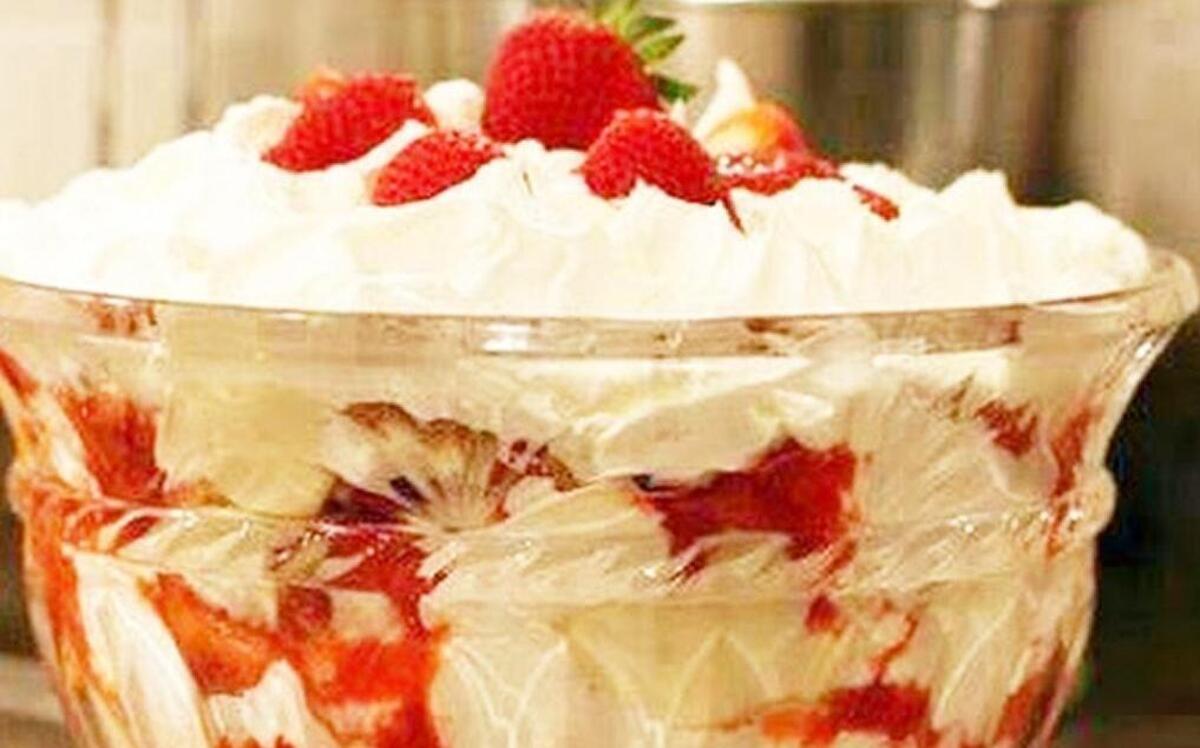Punch Bowl Cake. Use pie filling instead of strawberries and it’s called Cherry Pineapple Delight.