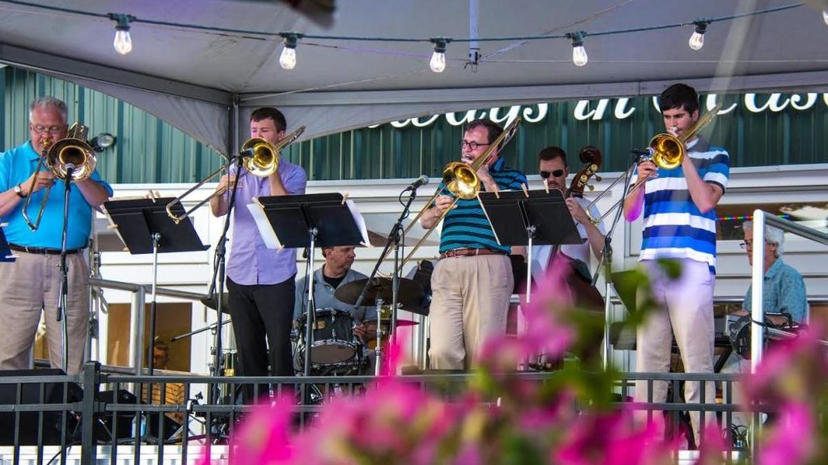 Jim Martin, left, Brendan Lanighan, Mark Kellogg, and Aaron Eckert will entertain during Trombonanza, a Saturday jazz concert at Eckert’s. Chris Azzara, is on keyboards in the lower right hand corner.