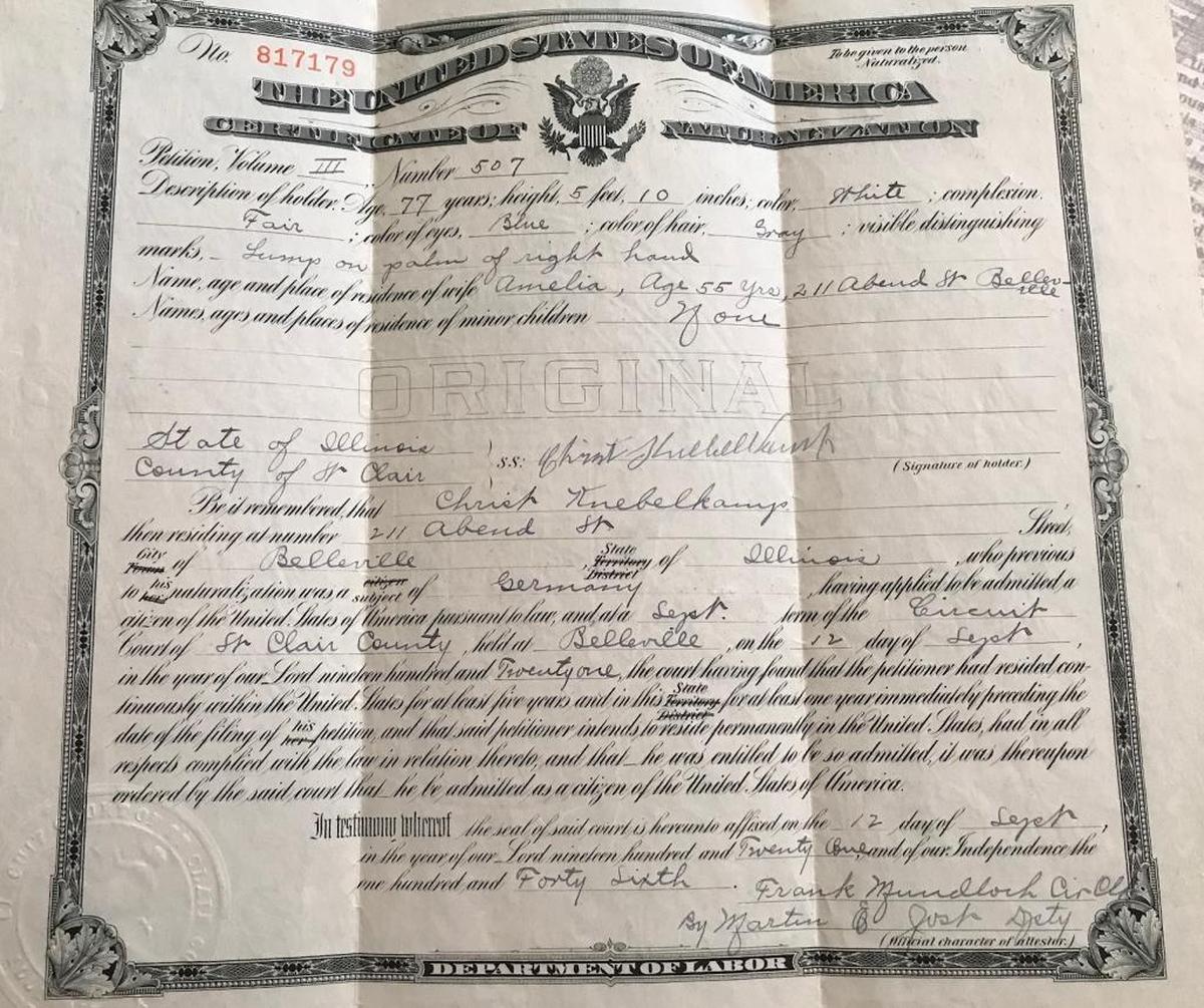 Christ Knebelkamp’s naturalization certificate is dated Sept. 12, 1921. He was thrown off the City Council in February 1918.