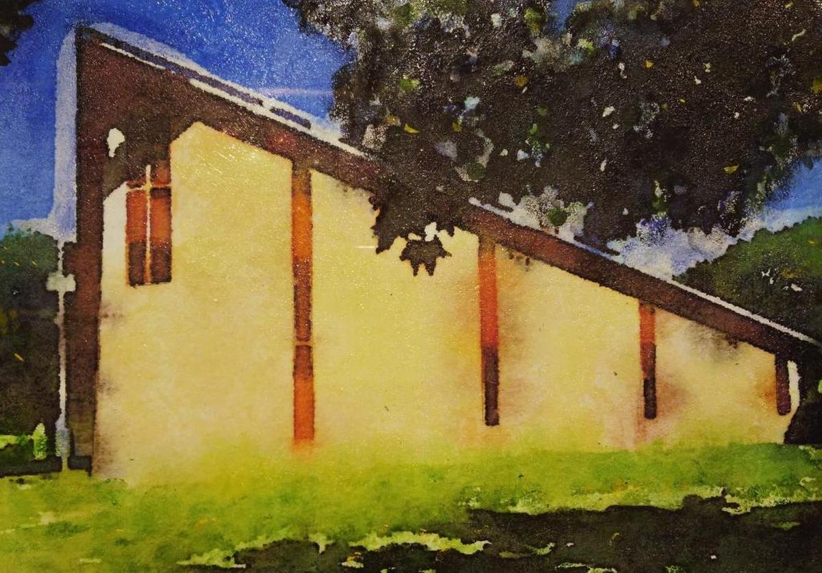 The painting, “St. James Lutheran Church in Glen Carbon” by Charlotte Johnson may be viewed and purchased at the Edwardsville Arts Center Holiday Exhibit.