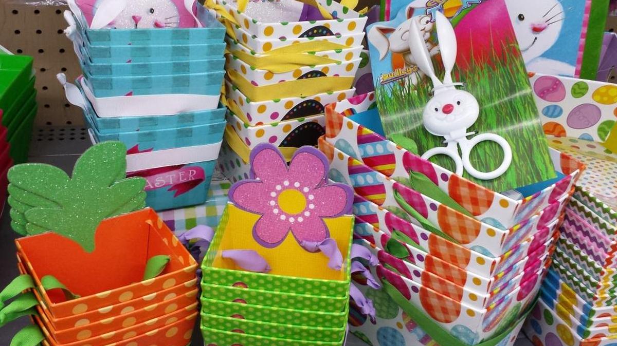 Small cardboard decorated Easter containers from Walmart are just the right size for candies or cookies.
