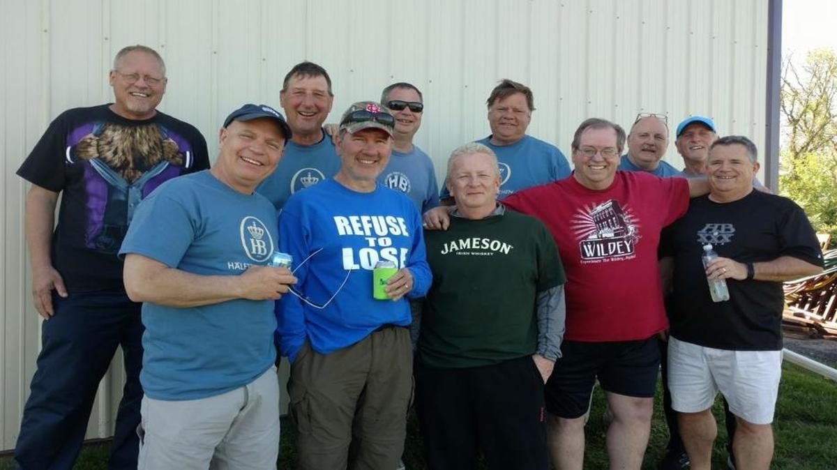 Old friends gathered last Sunday afternoon at a friend’s pole barn near Collinsville to play basketball and share laughs and memories, including columnist Terry Mackin (front row center).