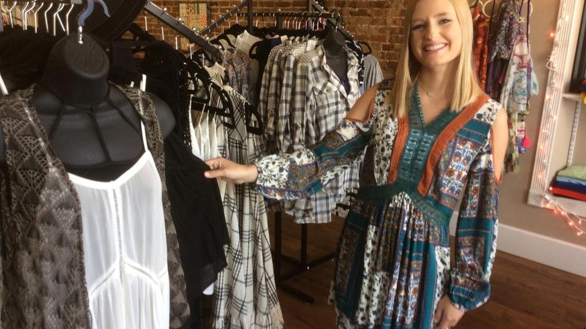 Kelsey Alexander, 21, works at La Bella Rosa boutique in Columbia. She’ll switch to part-time when she goes back to Lindenwood University in St. Charles, Mo., where she’s studying elementary education. She models a Ryu brand patchwork-inspired dress ($64.99) with cut-out sleeves and Not Rated leather booties ($79.99, not shown). “I’m short, so this works as a dress,” she said. “But anybody could pair it with leggings.”