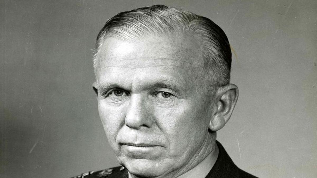 U.S. Army General George Marshall wears the five stars in the shape of a pentagon on his left shoulder. The rank General of the Army was bestowed on him Dec. 16, 1944.
