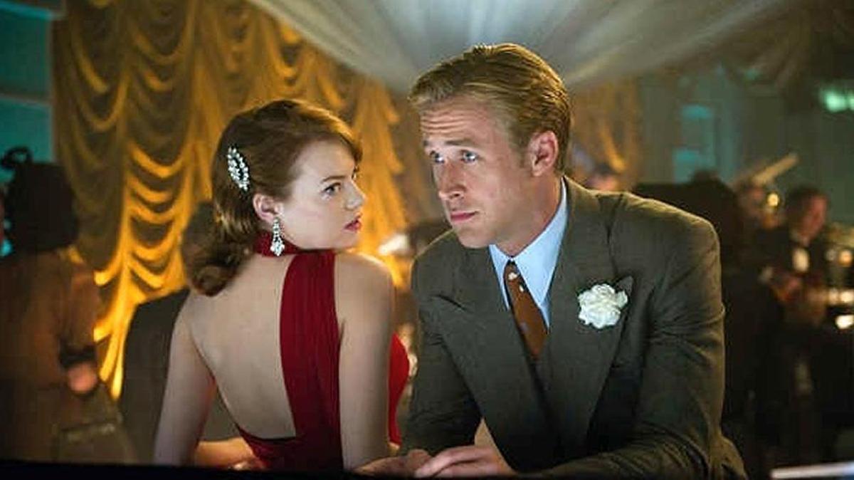 It’s an elegant night on the town in a dream scene with Emma Stone and Ryan Gosling in “La La Land.”