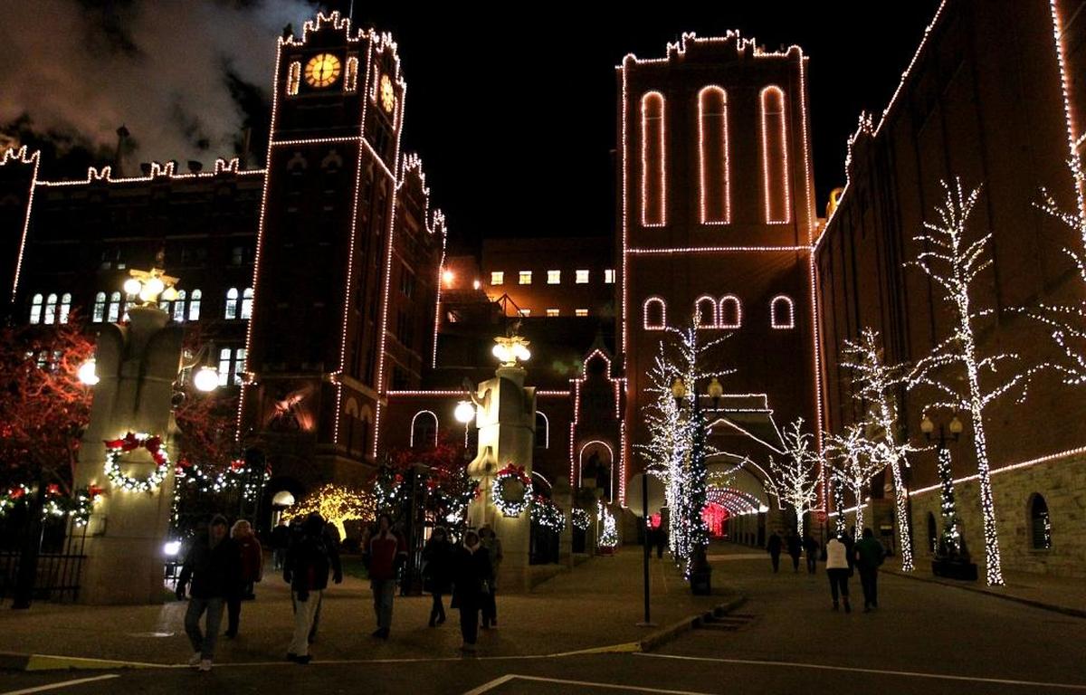White lights outline trees and buildings, including the iconic clock tower, at Anheuser-Busch Brewery in St. Louis around Christmastime.