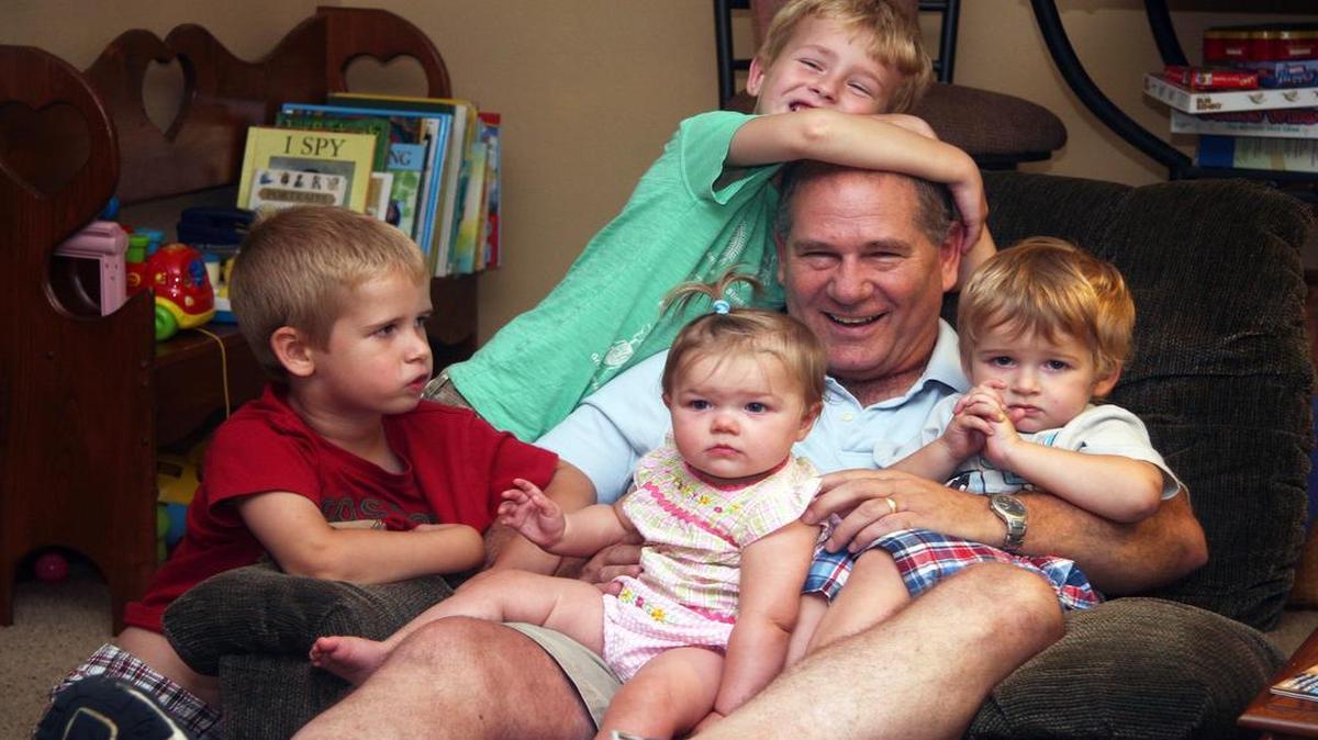 
Grandpa Paul Biver, of Swansea, has his hands full when watching his grandchildren, Gabe Newcomb, 5, left, Simon Newcomb, 7, Kennedy Biver, 8 months and Adler Newcomb, 2.
